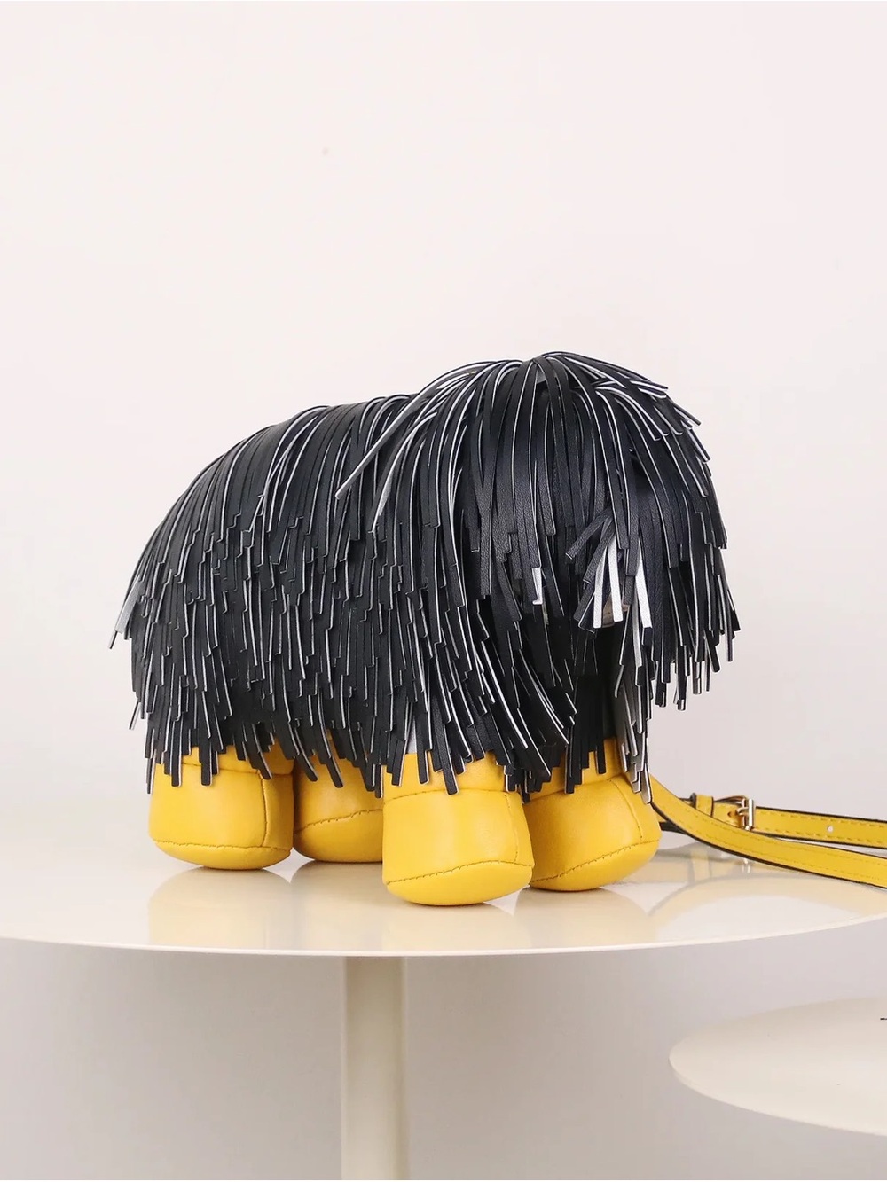 Unique Fringe Dog Crossbody Bag in Black and Yellow
